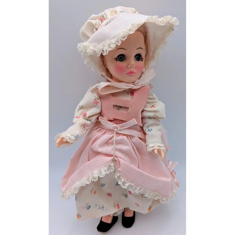 Vintage 11 Inch Collectible Doll Floral Lace Dress Pink Pinafore Bonnet Blonde